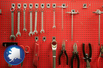 organized tool storage in a garage workshop - with Alaska icon