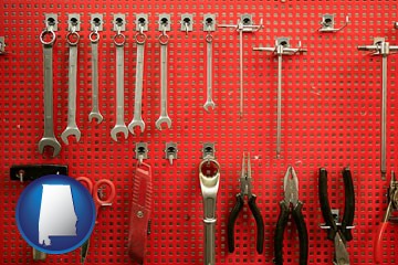 organized tool storage in a garage workshop - with Alabama icon