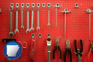 organized tool storage in a garage workshop - with Arkansas icon