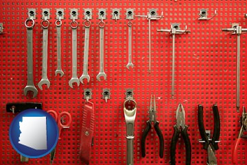 organized tool storage in a garage workshop - with Arizona icon
