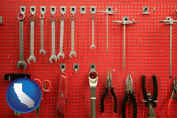 organized tool storage in a garage workshop - with California icon