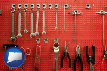 organized tool storage in a garage workshop - with Connecticut icon