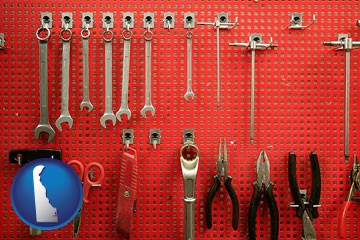 organized tool storage in a garage workshop - with Delaware icon