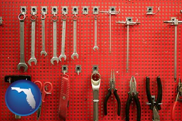organized tool storage in a garage workshop - with Florida icon