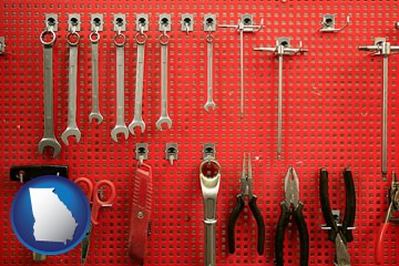 organized tool storage in a garage workshop - with Georgia icon