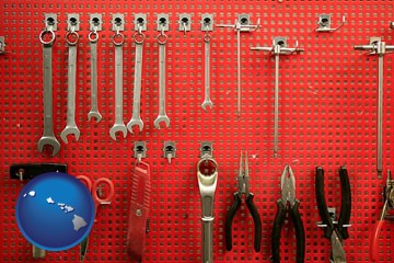 organized tool storage in a garage workshop - with Hawaii icon