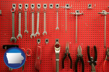 organized tool storage in a garage workshop - with Iowa icon