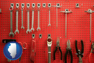organized tool storage in a garage workshop - with Illinois icon