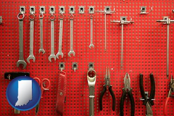 organized tool storage in a garage workshop - with Indiana icon
