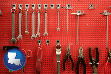 organized tool storage in a garage workshop - with Louisiana icon