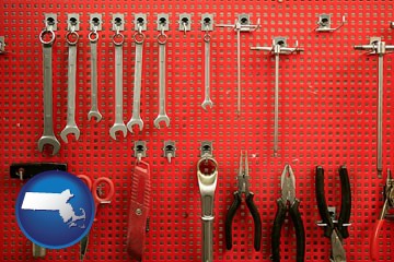 organized tool storage in a garage workshop - with Massachusetts icon