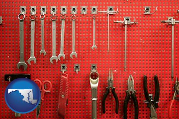 organized tool storage in a garage workshop - with Maryland icon