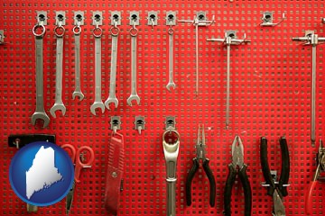 organized tool storage in a garage workshop - with Maine icon