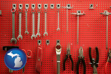 organized tool storage in a garage workshop - with Michigan icon