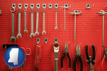 organized tool storage in a garage workshop - with Mississippi icon
