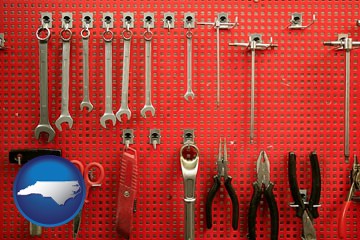 organized tool storage in a garage workshop - with North Carolina icon