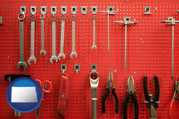 organized tool storage in a garage workshop - with North Dakota icon