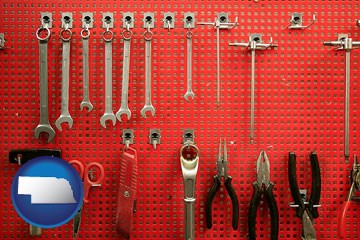 organized tool storage in a garage workshop - with Nebraska icon