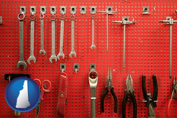 organized tool storage in a garage workshop - with New Hampshire icon
