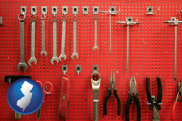 organized tool storage in a garage workshop - with New Jersey icon