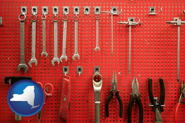 organized tool storage in a garage workshop - with New York icon