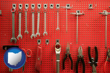 organized tool storage in a garage workshop - with Ohio icon
