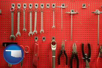 organized tool storage in a garage workshop - with Oklahoma icon