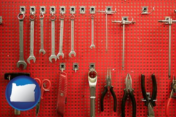 organized tool storage in a garage workshop - with Oregon icon