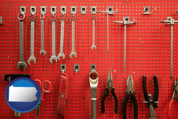 organized tool storage in a garage workshop - with Pennsylvania icon