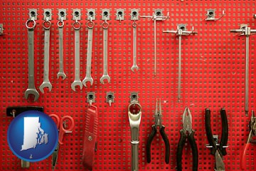 organized tool storage in a garage workshop - with Rhode Island icon