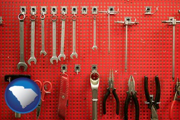 organized tool storage in a garage workshop - with South Carolina icon