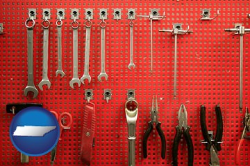 organized tool storage in a garage workshop - with Tennessee icon