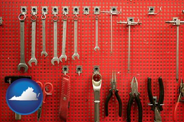 organized tool storage in a garage workshop - with Virginia icon