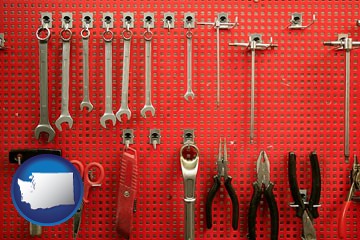 organized tool storage in a garage workshop - with Washington icon