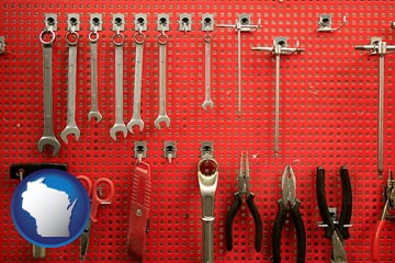 organized tool storage in a garage workshop - with Wisconsin icon
