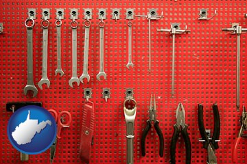 organized tool storage in a garage workshop - with West Virginia icon